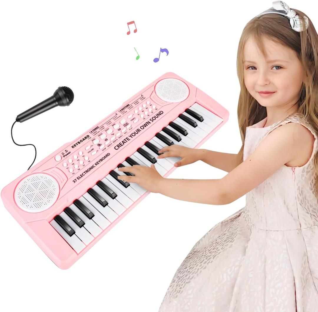 Kids 37 Keys Piano Keyboard | Music Piano Toys with Microphone | Portable Dual Speaker Electronic Pianos Keyboards, Birthday Gift for Beginners Girls Ages 3, 4, 5, 6, Pink