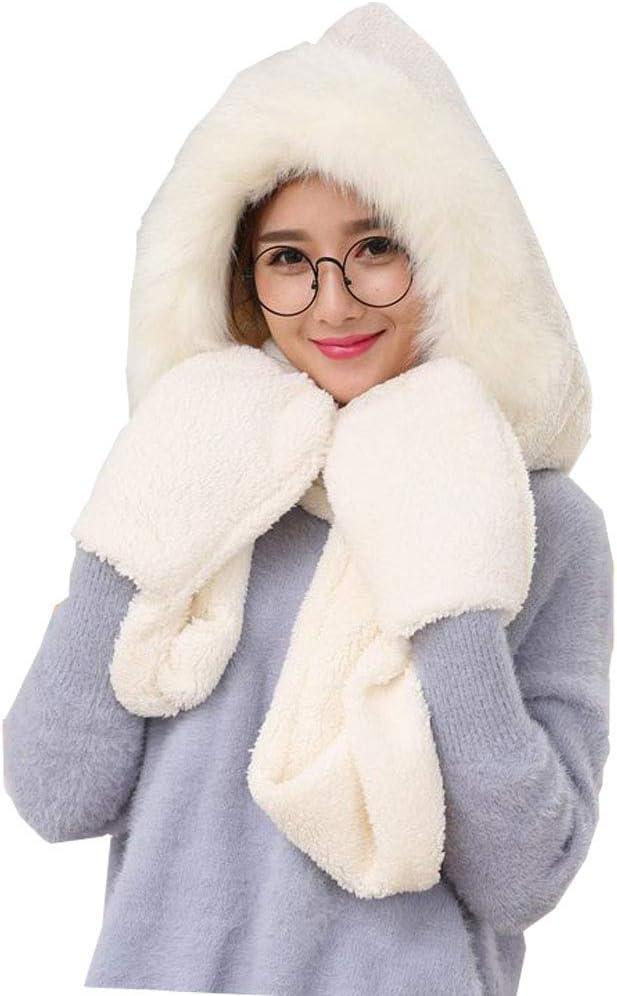 Winter Warm Women Hoodie Hat/Scarf/Gloves Set Soft Plush Thick Warm Hat (White)