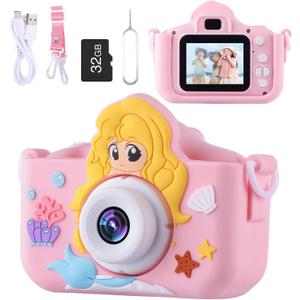 Envyvip Camera for Kids Girls Age 3-8, Mermaid Toys Toddler Digital Camera Christmas Birthday Gifts for 3 4 5 6 7 8 Years Old Girl, Cute Selfie Video Camera, HD 1080P, 32GB SD Card