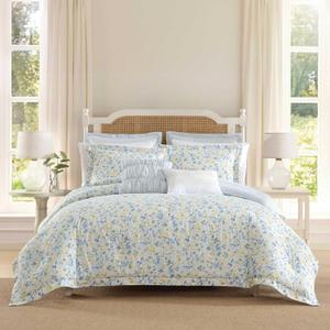 Laura Ashley - Queen Comforter Set, Soft Cotton Blend Bedding with Medium Weight Feel, Reversible Bedding with Matching Pillowscases, Bonus Euro Shams & Throw Pillows, 7 Piece Bed Set (Nora Blue)