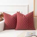Kevin Textile Valentines Wine Red and Beige Farmhouse Striped Patchwork Linen Decorative Throw Pillows Covers 18x18, Set of 2, Modern Accent Square Cushion Covers for Couch Chair Bedroom