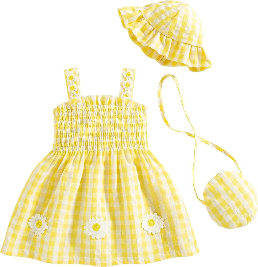 Renotemy Baby Girl Dress 12-18 Month Girls Clothes Summer Outfits Beach Birthday Party Dresses 1 Year Old Girl Gifts Yellow Floral Daisy Smocked Cotton Sundress Baby Clothes for Girls with Hat and Bag