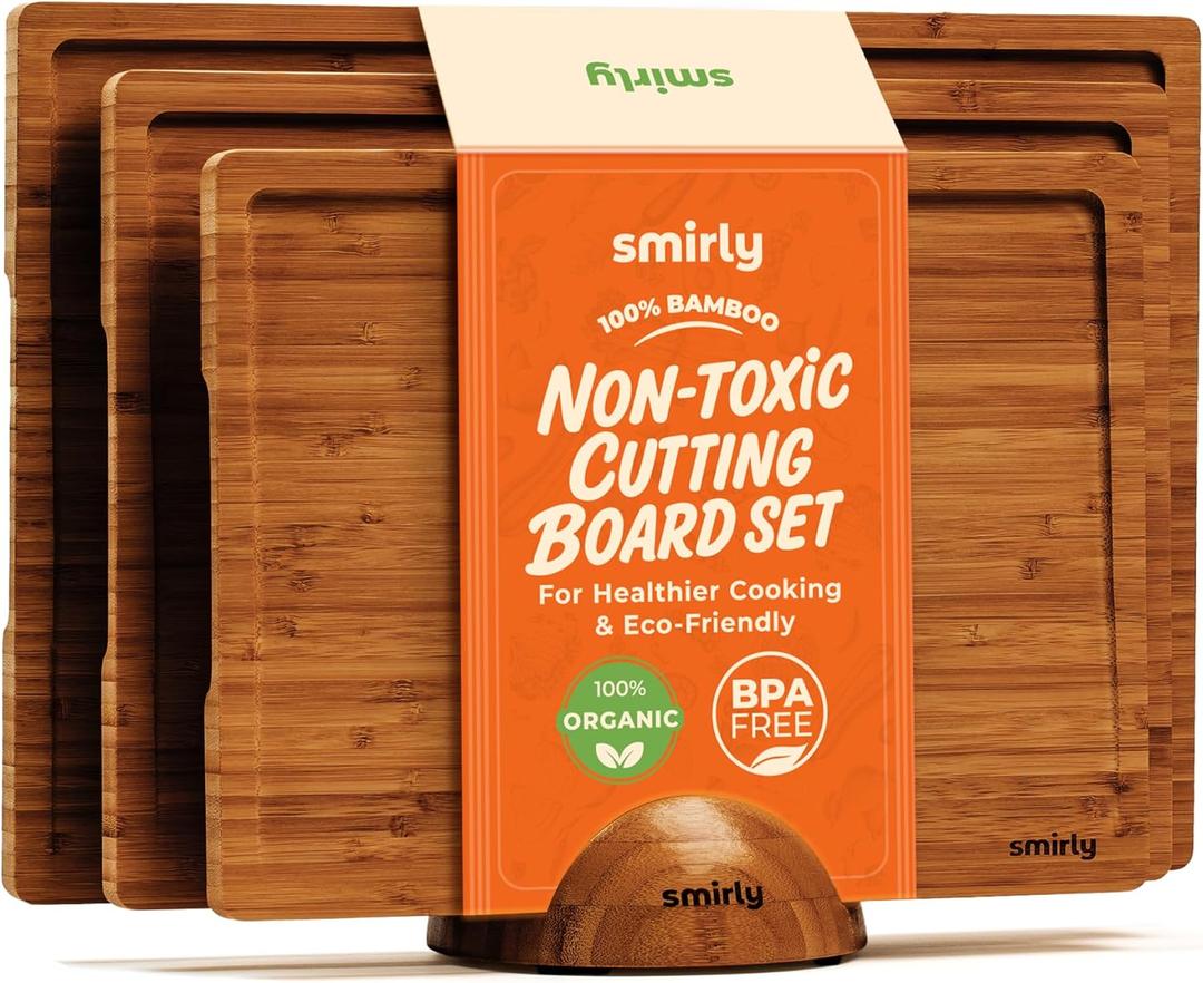 SMIRLY Bamboo Cutting board for Kitchen - Wood Cutting Boards for Meal Prep, Serving, Charcuterie - Kitchen Gadgets, House Warming Gifts - Wooden Chopping Board Set of 3 with Holder - Brown Bamboo