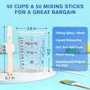 50 Pack Plastic Mixing Cups, 20 oz (600ml), Disposable Measuring Cups with 50 Wooden Mixing Sticks, Measurement ratios: 2:1, 3:1, 4:1, Suitable for Epoxy Resin, Liquid Measuring, and Paint