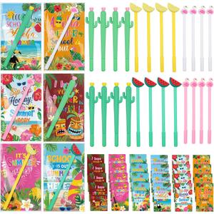 Colarr 30 Sets End of School Year Gifts for Students Bulk Hawaiian Luau Ballpoint Pens Flamingo Watermelon Cactus Lemon Pens with Cards for Summer Aloha Tropical Party Favors Prek Graduation Gifts