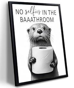 Framed Funny Bathroom Wall Decor, Black and White Bathroom Canvas Wall Art, Cute Otter Holding A Roll of Toilet Pictures Decor, Funny Animal Print Artwork – 12x16in
