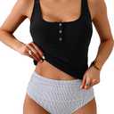 B2prity Women's Athletic Tankini Swimsuits Two Piece Adjustable Button-Up Bathing Suit Full Coverage High Waisted Swimwear, XL, Black, Stripe
