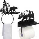 Funrous 2 Pcs Bear Toilet Paper Holder Bear Towel Ring Holder for Bathroom Black Bathroom Cabin Decor Holders with Shelf Rustic Wall Mount Forest Farmhouse Towel Rack for Home Kitchen