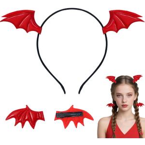 Halloween Red Dragon Wings Headband & Hair Clips Set - Bat Ears & Horns Headband for Women  Evil Dragon Costume Accessories for Cosplay & Party Costumes
