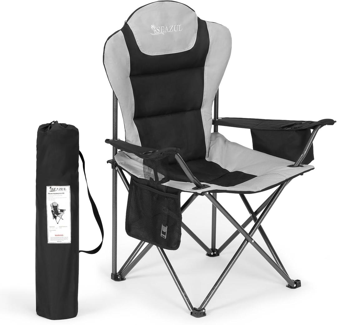 Camping Chairs for Adults, Camp Chair, Folding Chairs for Outside, Support 380 LBS, Portable Travel Lawn Outdoor Camping Chairs with Cup Holder & Cooler Bag, Sports Chairs for Baseball, Soccer (1 PC, Black)