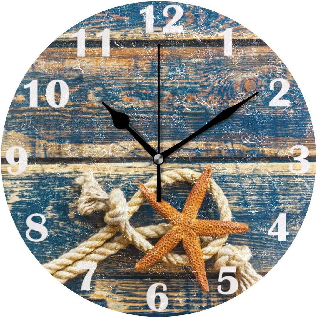Pfrewn Summer Beach Starfish Wall Clock Silent Non Ticking Rrtro Wooden Clocks Battery Operated Vintage Desk Clock 10 Inch Quartz Analog Quiet Bedroom Living Room Home Decor