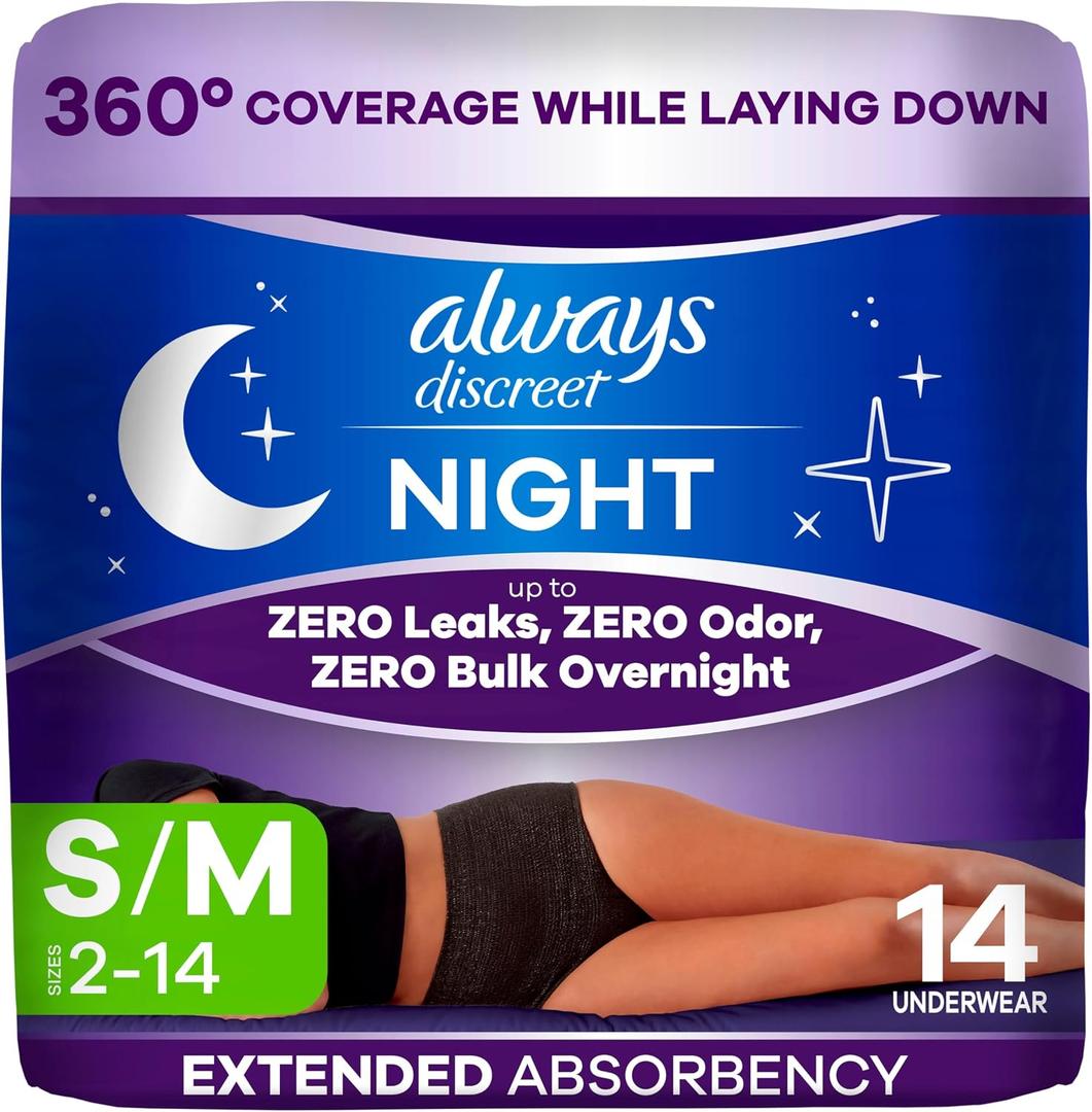 Always Discreet Adult Incontinence Overnight Underwear for Women, Small/Medium, Up to 100% Bladder Leak Protection, 14 Count