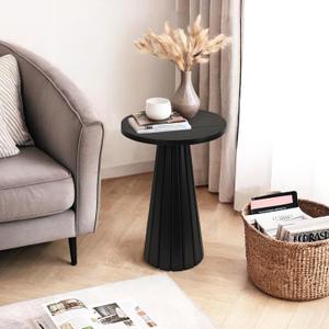 Fluted Round Wooden Drink Side Table, Small Pedestal End Table, Plant Stand for Small Space, Living Room, Bedroom, Office, Black