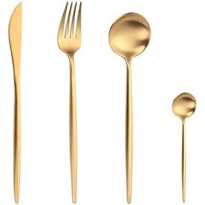 Luxury Stainless Steel Flatware, 4 Pc. Set with Fork, Knife, and Spoons, Modern Cutlery, Mirror Polished Finish, Decorative Kitchen Silverware in Gold, Black, or Silver (Gold)