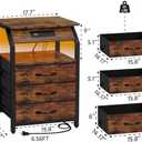 End Tables Set of 2, Nightstands with Charging Station and LED Lights, 3 Drawers Fabric Dresser, Storage Side Tables for Bedside, Living Room, Rustic Brown