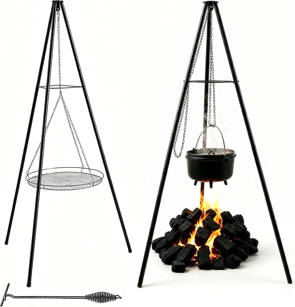 Campfire Tripod,Camping Dutch Oven with Lid Lifter,Grill Grate