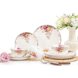 Dinnerware Sets, Plates Set, with Bowls, Artistic 12-Piece Ceramic Dinnerware, for Home Restaurant, Chip and Scratch Resistant, Microwave and Dishwasher Safe, Rose Collection