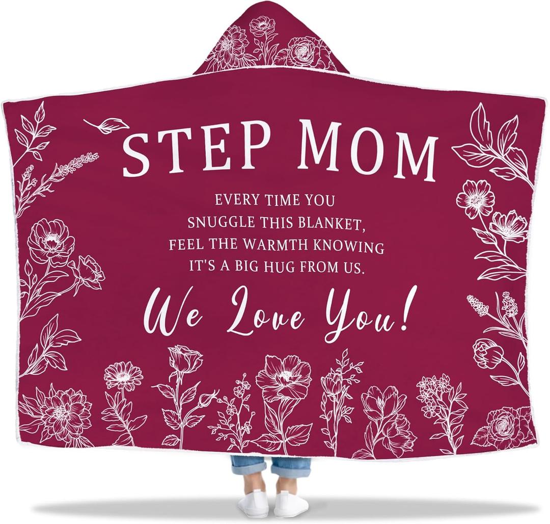 Step Mom Gifts, Christmas Step Mom Gift Wearable Blanket, Stepmom Hoodie Blankets, Stepmom Hooded Blanket 47x72 in for Birthday(Red), Mother's Day