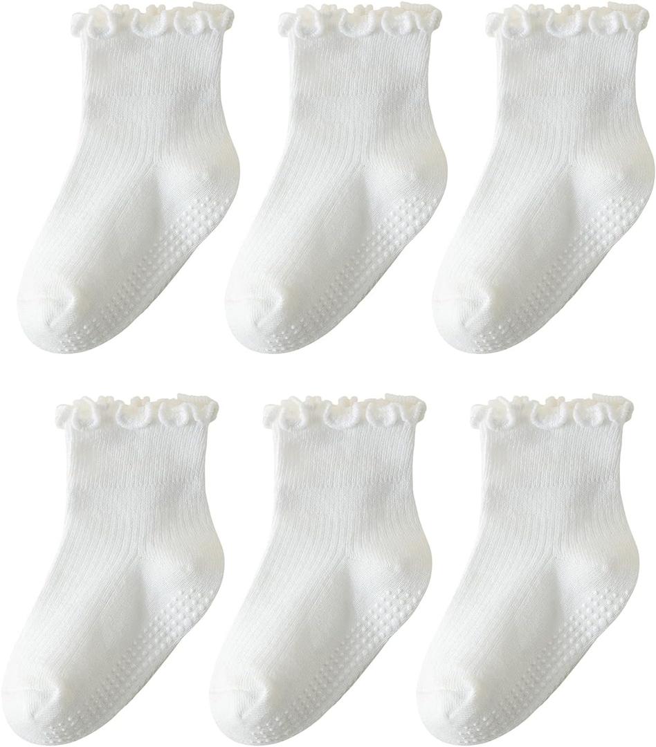 ANYANIME 6 Pairs Toddler Ruffle Socks for Girls Baby Grip Socks Non Slip Socks Cute Grippy Frilly (1-3T, White)
