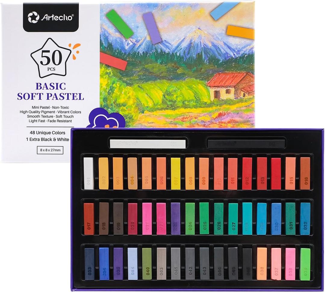 Artecho 50pcs Soft Pastels, 48 Colors Including 4 Fluorescent Colors, Extra Free Black & White, Square Chalk for Drawing, Blending, Layering, Shading, Pastels Art Supplies