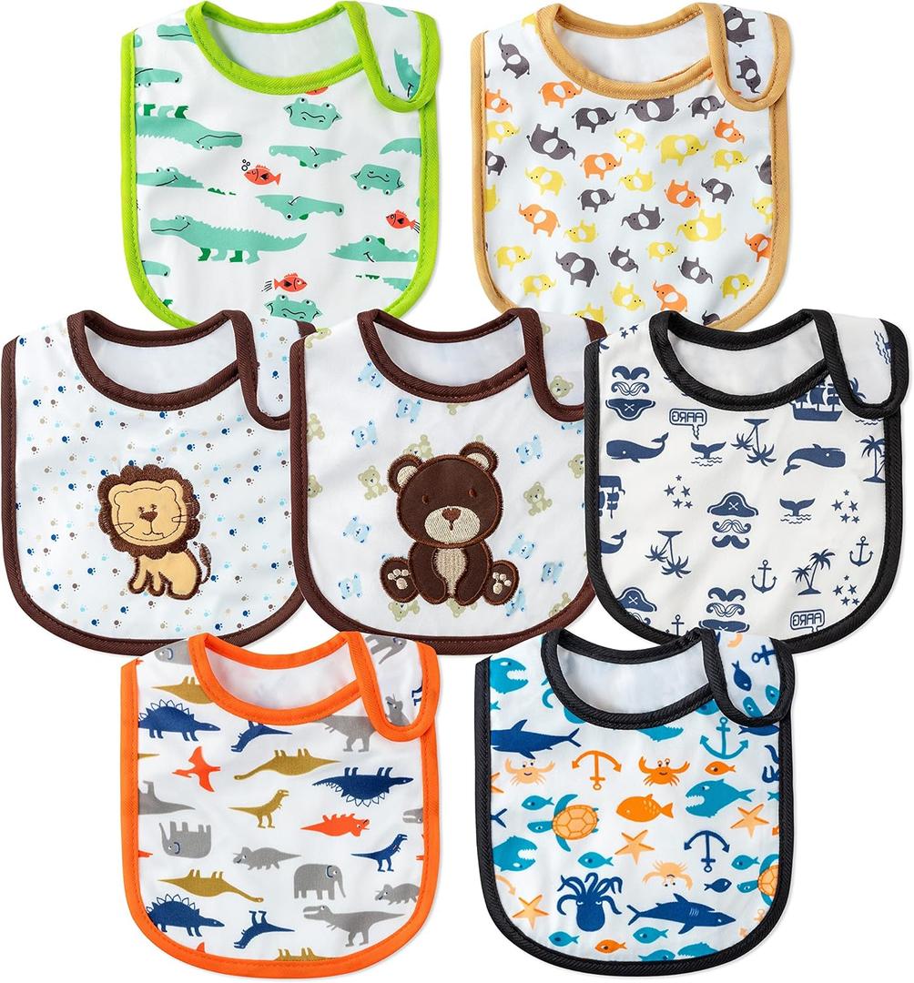 7Pcs Cotton Waterproof Baby Bibs Hook Loop Closure Newborn Bib Keepsake Baby Gift for Drooling Feeding Eating (Multicolor)