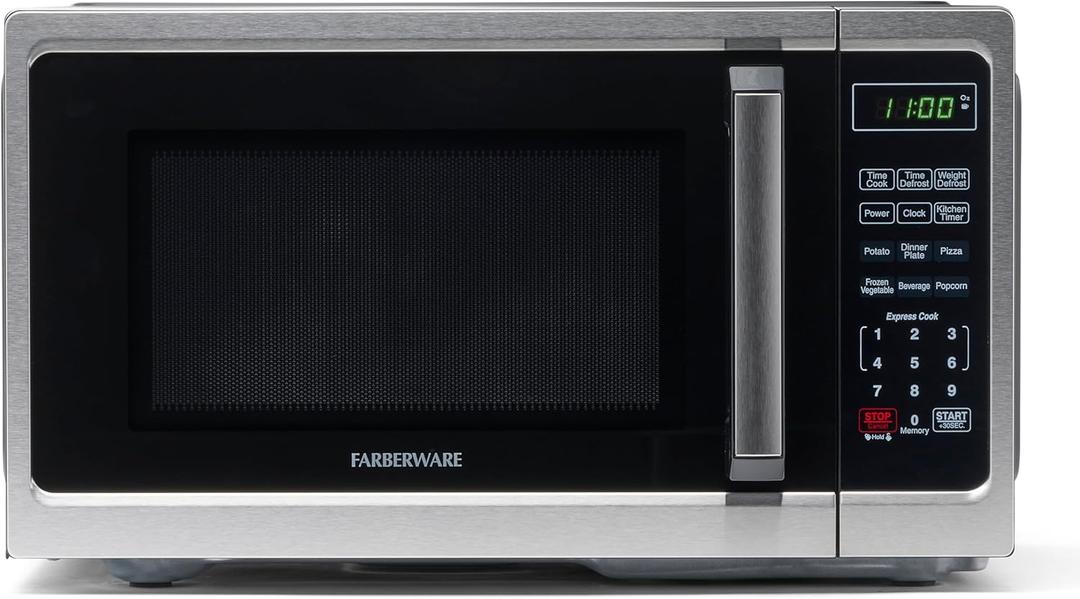 Farberware 0.9 Cu. Ft. Countertop Microwave Oven – 900 Watts Power, Auto Cook Settings, Defrost, Easy Clean and Child Safety Lock - Stainless