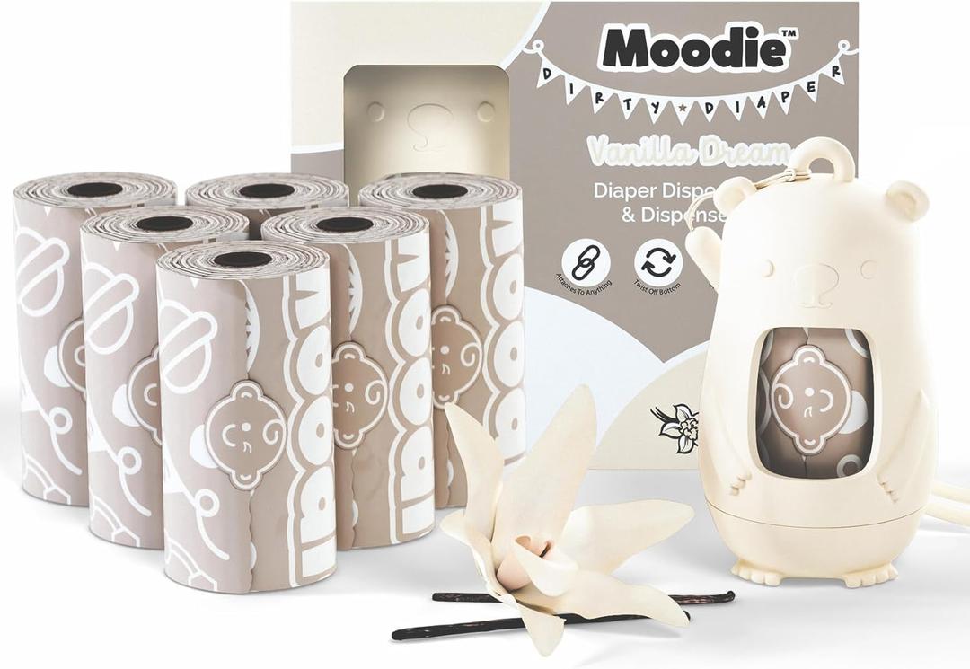 Moodie Disposable Diaper Bags Dispenser COMBO PACK | 105 VANILLA SCENTED Baby Poop Bags TOTAL | Dirty Diaper Trash Bags | Diaper Bags Disposable (VANILLA DREAM)