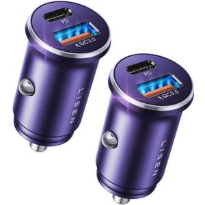 LISEN USB C Car Charger Adapter [2 Pack] [Mini & Metal] Cigarette Lighter USB Charger Fast Charging [PD QC 3.0] USBC Car Phone Charger for iPhone 15 Pro Max Plus 14 Samsung Galaxy S23 iPad Pro, Purple