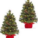 2 Pack Tabletop Christmas Tree with Lights Timer, Mini Small Christmas Tree Battery Operated 40 LED Artificial Cedar Xmas Tree Pinecones Lifelike Classics Branches Wooden Base Table Home Indoor Decor
