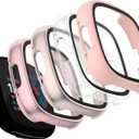 Vancle Case for Fitbit Versa 4 / Fitbit Sense 2, 4-Pack Screen Protector Tempered Glass Full Around Hard PC Case with Sensitive Touch Film Protective for Fitbit Sense 2 / Versa 4(Transparent + Starlight + Pink + Rose Gold)