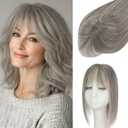 S-noilite Hair Toppers for Women Real Human Hair, 100% Real Human Hair Toppers with Bangs for Women with Thin Hair,2.25"*6" Lace Silk Base 14 inch (Mixed Dark Gray)