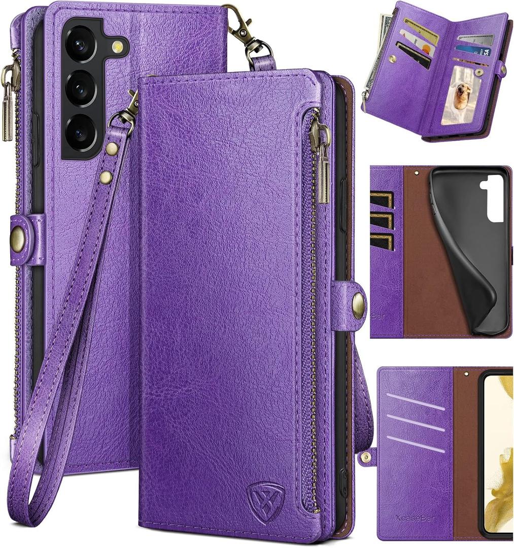 XcaseBar for Samsung Galaxy S22 Plus Wallet case with Zipper Credit Card HolderRFID Blocking, Flip Folio Book PU Leather Phone case Shockproof Cover Women Men for S22 Plus case Purple