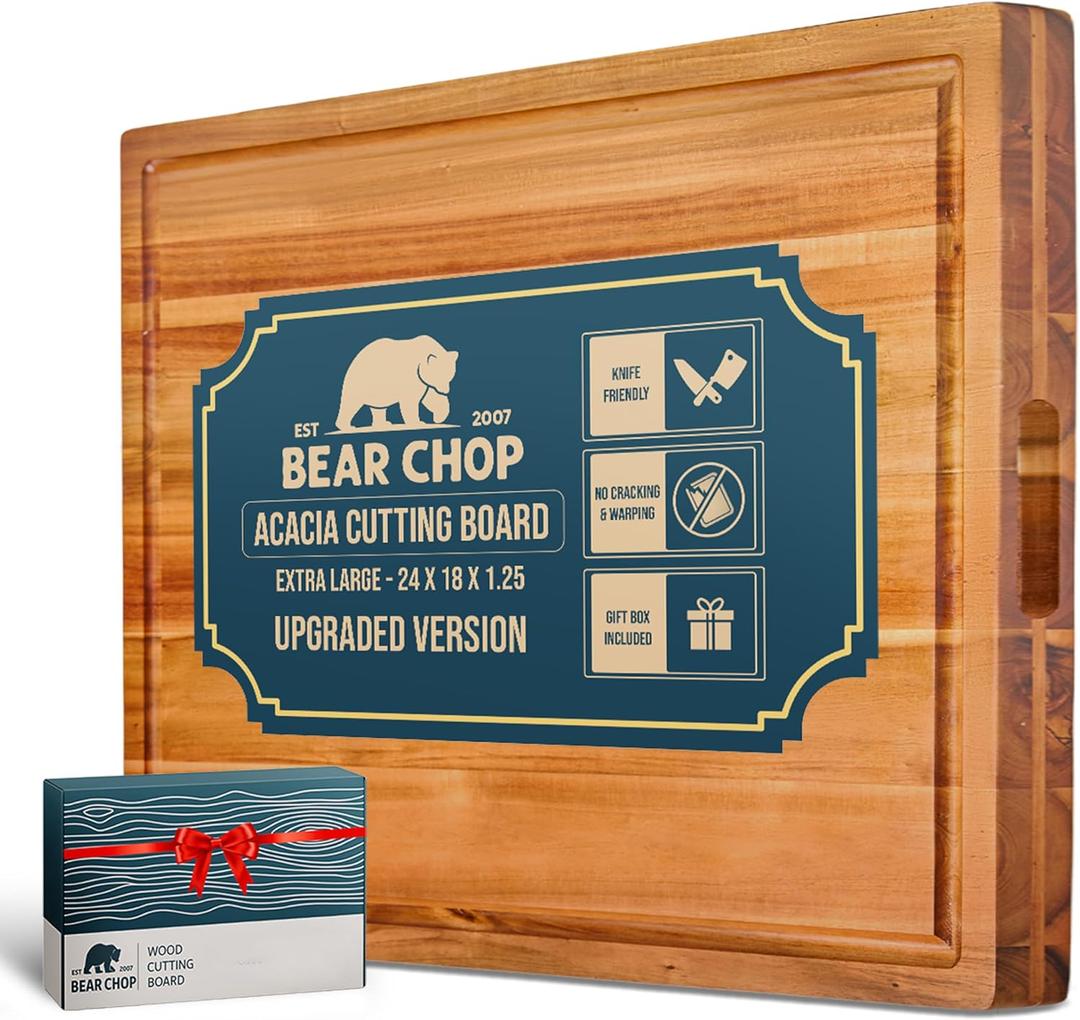 Bearchop Acacia Wood Cutting Boards for Kitchen, [24"x18"x1.25"] Extra Large Cutting Boards with Juice Groove, Handle, Gift Box, Anti Crack/Warp Design Acacia Wood Butcher Block Cutting Board