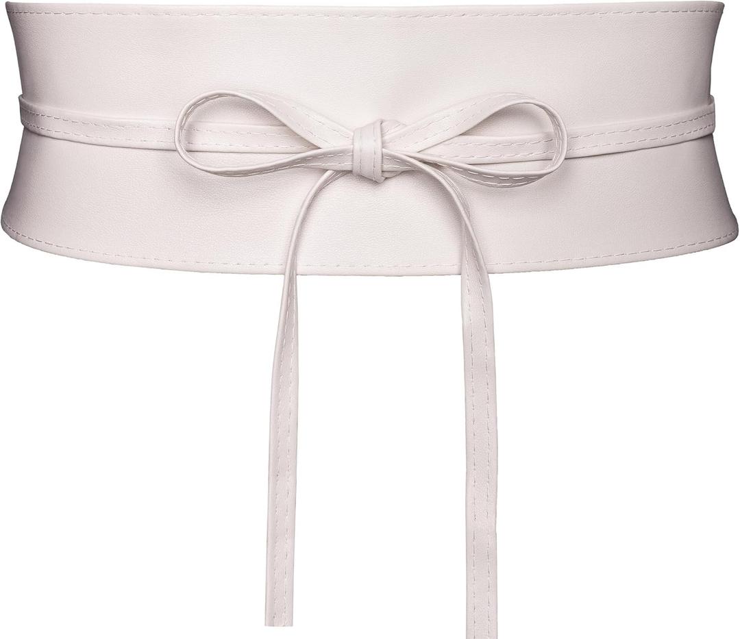 Wide Obi Belts for Women Thick Faux Leather Corset with Lace Up Wrap Style (Waist 36"-41", White)