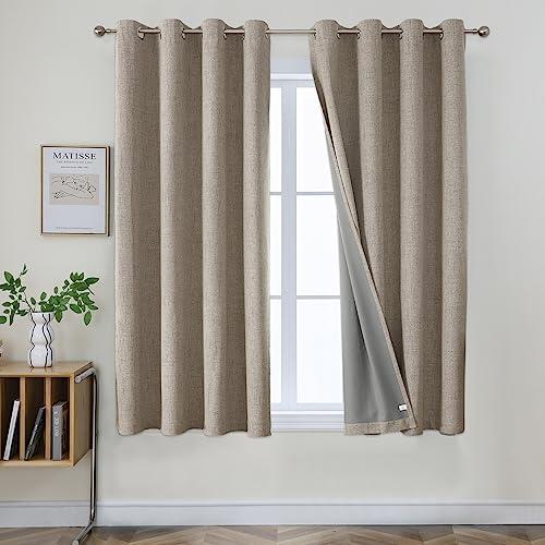 Joydeco Blackout Curtains 63 Inches Long 2 Panels Burg, Room Darkening Curtains for Bedroom, 100% Black Out Textured Thermal Drapes Privacy Protection 2 Panels Set(W42 x L63 Inch, Linen)