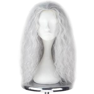iCos Old Lady Wig Long Curly Silver Grey Witch Hair Wig Grandma Wig Halloween Costume Movie Cosplay Wig Adult