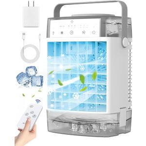 Portable Air Conditioner, Personal Evaporative Air Cooler with Dual Tank, 2 Mist Modes, 3 Wind Speed, USB Powered Desk Cooling Fan with 7-Color Mood Lighting for Office/Bedroom