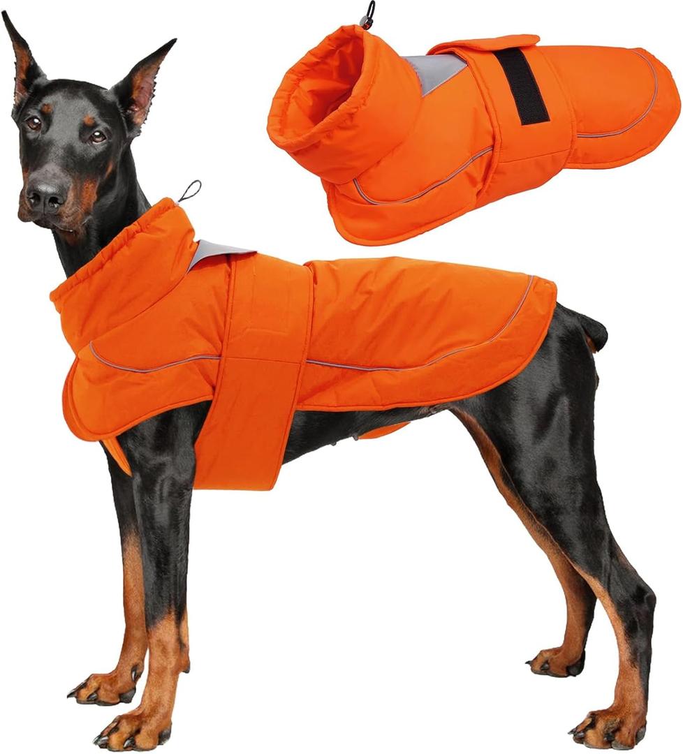 Kuoser Dog Jacket, Dog Coats for Large Dogs, Winter Waterproof Big Doggie Hunting Vest, Reflective Dogs Cold Weather Coat, Windproof Turtleneck Pet Puffer Jacket Snowsuit Clothes with Harness Hole (Orange)