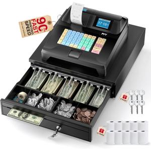PYY Cash Register for Small Businesses - Electronic Commercial Caja Registradora para Negocio with Lock Cash Drawer Box, 48 Keys, 8 Digital Dual Display, Retail System for Restaurant Supermarket