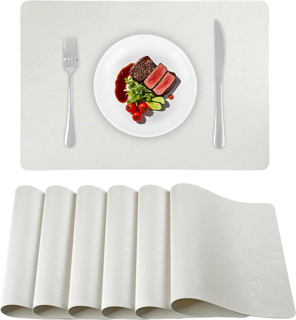 Faux Leather Placemats Set of 6, Washable Place Mats, Vinyl Placemats Wipeable Waterproof Oil-Proof Heat Resistant PU Table Mats for Dining, Kitchen, Hotel (White)