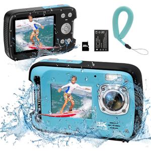 Underwater Camera 4K 48MP Autofocus Selfie Dual Screen Waterproof Camera with Floating Strap and 32GB Card, 17FT Compact Waterproof Digital Camera, Fill Light Underwater Camera for Snorkeling