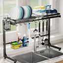 GSlife Over The Sink Dish Drying Rack - Extra Large Dish Rack Over Sink (26.3"-35") with Upper Dual Bars, 3 Baskets, Hooks, Cutlury Holder, Adjustable Dish Drainer Drying Rack for Kitchen Sink, Black