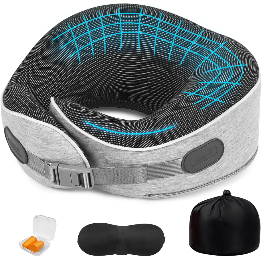 Travel Pillows for Airplanes Ergonomic Memory Foam Neck Pillow for Travel - 360° Head & Neck Support for Sleeping on Flights, Cars, Trains & Office (Gray-1)