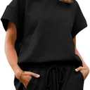 UNCLECAT Womens 2 Piece Lounge Sets Short Sleeve Tops and Shorts Travel Outfits Pajama Set with Pockets (Black, S)