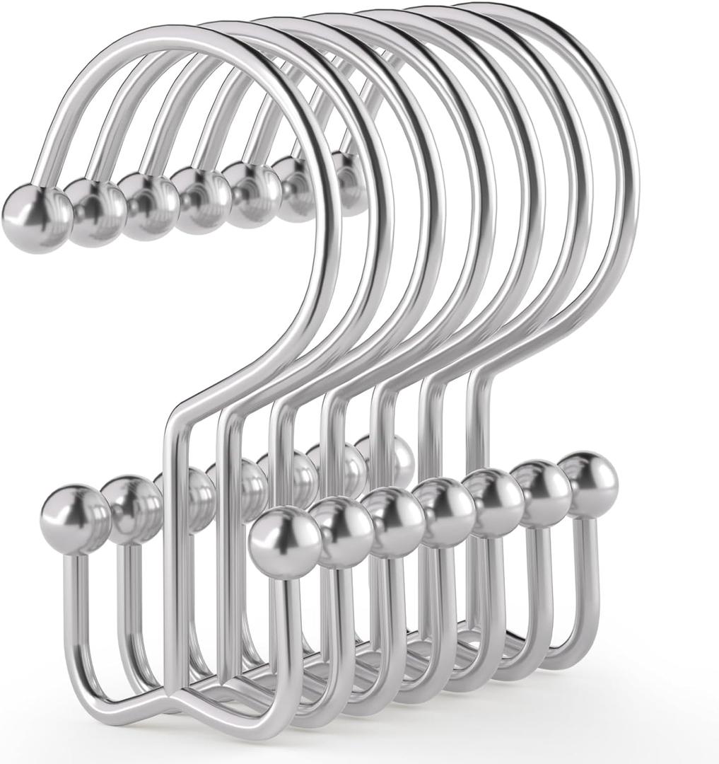 Goowin Shower Curtain Hooks, 12 Pcs Shower Curtain Rings, Durable Rust Proof Silver Shower Curtain Hooks, Shower Rings for Curtain, Double Glide Shower Hooks for Shower Curtain Rods, Chrome (Classic - 12 Pack)