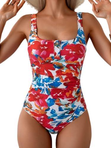 B2prity One Piece Swimsuit for Women Tummy Control Ruched Slimming Bathing Suit Button Full Coverage Swimwear, Size L