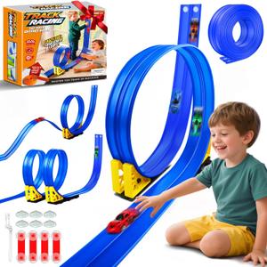Nicmore Flexible Race Track Toy Set: 15ft DIY Bendable Ramp with Suction Cups  Portable Roll-Up Car Track for Kids Compatible with 1:64 Diecast Cars  Birthday Christmas for Boys Girls Ages 3+ (Blue)