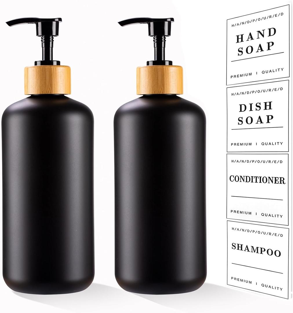 Black Soap Dispenser Set 16oz Plastic Soap Dispenser with Bamboo Pump Hand and Dish for Kitchen Refillable Soap Lotion Dispenser for Shampoo Conditioner Bathroom Kitchen Farmhouse