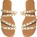 OYOANGLE Women's Studded Strappy Leather Slide Sandals Square Open Toe Slip on Flat Sandal (8, Beige)