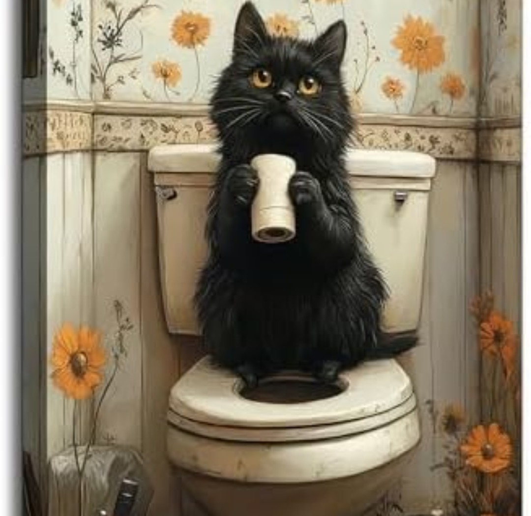 Funny Bathroom Cat Canvas Wall Art Cute Black Cat Get Toilet Paper Sitting on Toilet Painting Picture Wall Decor Poster Print Artwork for lavatory Home Decoration